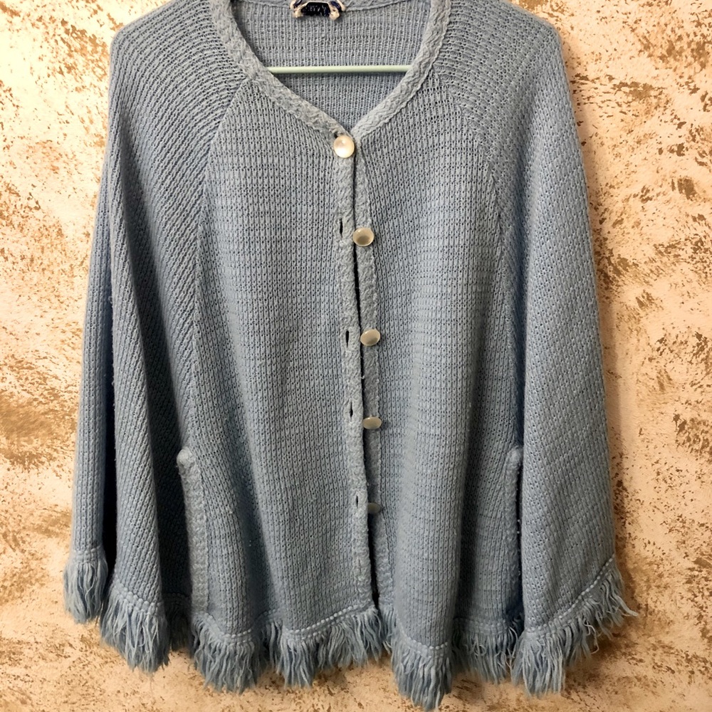 Vintage 70’s Sky Blue Knit Cape w/ Tassles